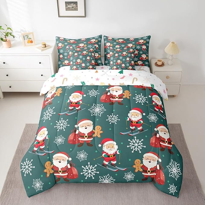 Erosebridal 7Pcs Cartoon Santa Claus Comforter Set Twin Size,Xmas Gingerbread Bedding Set,Christmas Snowboard Snowflake Bed in A Bag,Cute Christmas Ornaments Quilt with Flat Fitted Sheet