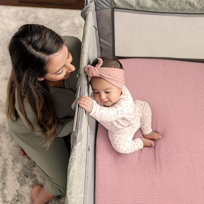 lulumoon Pack and Play Sheets for Girls: Soft Muslin Cotton for Playard Mattress - Stretchy Snug Fit for Chicco Pack n Play