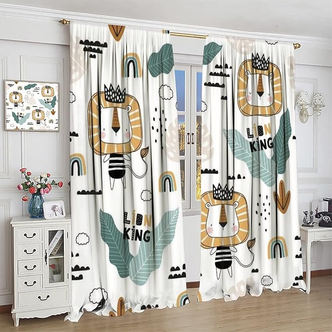 Cartoon Little Lion King Window Curtains for Baby Child,Cute Funny Forest Animals,Tropical Jungle Leaves Wildlife Boho Rainbow Print Blackout Drapes for Nursery Boys Girls Kids Bedroom 84x84in