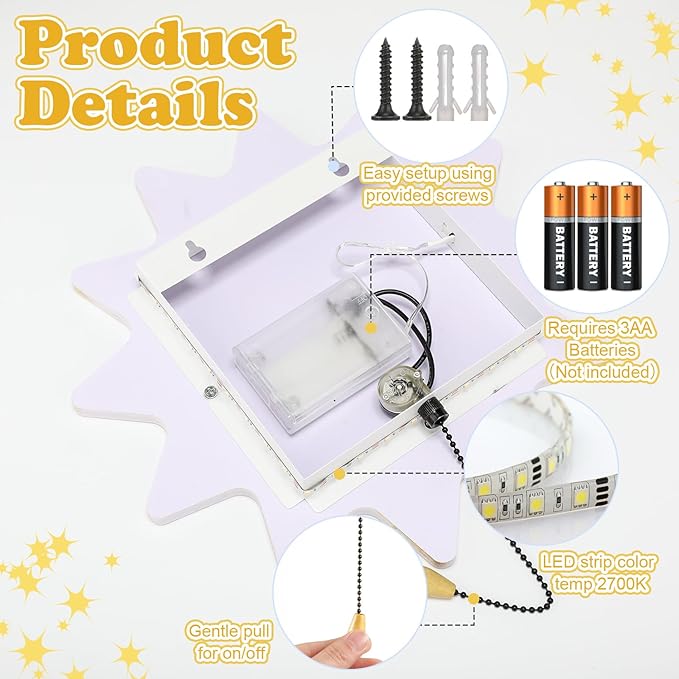 Sun Night Light Wall Lamp Sleeping Nursery Lighting Cute Floating Battery Operated Hanging Lamp for Baby Boys Girls Bedroom Room Nursery Wall Decorations