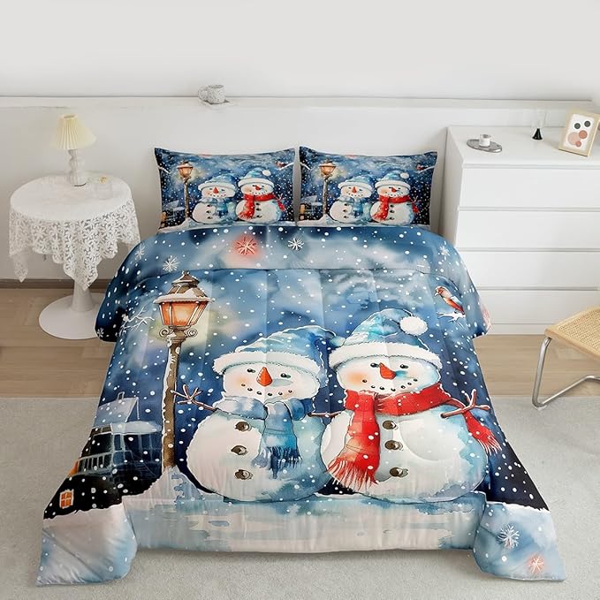 Feelyou Christmas Kids Comforter Set Queen Size Blue Watercolor Snowman Bedding Set Xmas Winter Duvet Quilt for Kids Boys Girls Bedroom Snowflake Decor Microfiber Ultra Soft Breathable