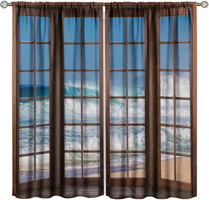 BAEKJIN Ocean Beach Curtains,Waves Crashed Beach Hawaiian Seaside Scene Pattern Print Decor Home Bedroom Living Room Window Treatments 2 Panel Set 42x45 Inch