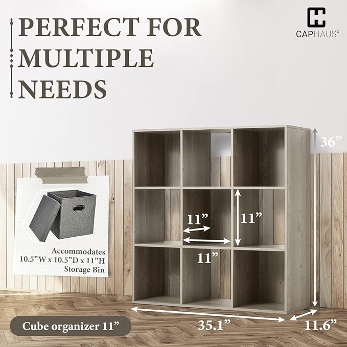 CAPHAUS Sturdy Room 11-Inch Cube Storage Organizer Shelf, with Thick Exterior Edge, Shelf Divider w/Back, Bookcase, 6-Cube / 8-Cube 9-Cube, Colors Available in Rustic Grey Oak and White