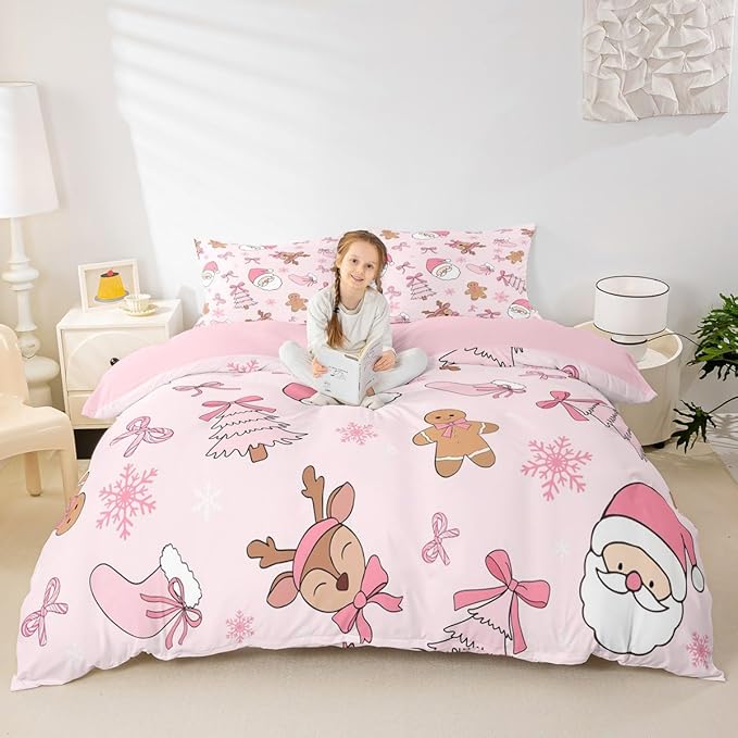 Kids Pink Christmas Bedding Set Toddler Size Merry Christmas Snowman Duvet Cover for Boys Girls Teens Bedroom Decor Santa Claus Comforter Cover Soft Microfiber Xmas Tree Deer With 1 Pillow Case