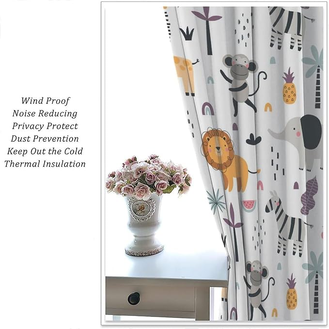 Cute Cartoon Animals Curtains Tropical Jungle Animals Elephant Giraffe Monkey Lion Modern Abstract Aesthetics for Kids Boys Bedroom Nursery Rod Pocket Decoration Window Drapes 2 Panels W26xL84in