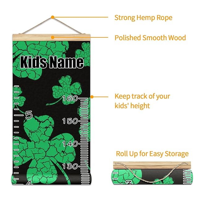 Personalized Kids Name Growth Chart Ruler for Wall Wood Frame Height Measure Chart 13.4x56 in Linen Hanging Height Growth Chart St Patrick Day and Clover Leaves Kids Room Decor