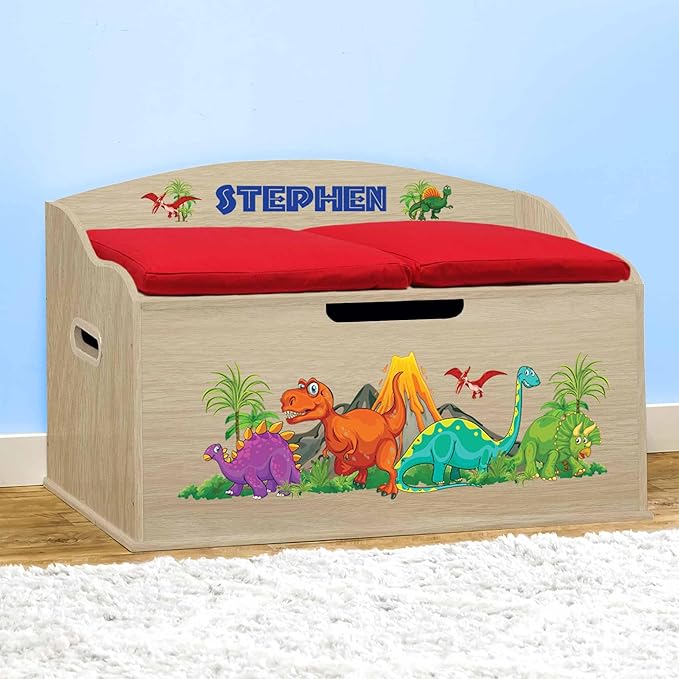 DIBSIES Personalized Creative Wonders Toy Box, Dinosaurs, 30 x 19.25 x 18 inches, Soft-Close Lid (Natural)