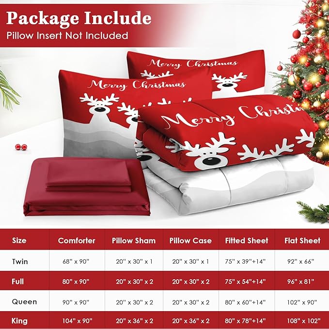 7 Pcs Full Size Christmas Comforter Set with 2 Pillowcases & 2 Shams, Cute Cartoon Reindeer Bedding for Kids and Adults, Winter Merry Xmas Bed in a Bag with Flat Fitted Sheet
