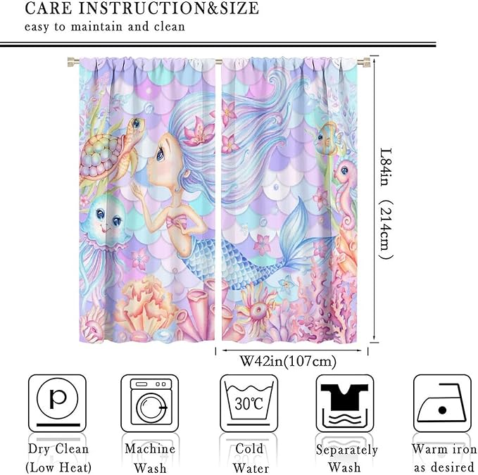 Fantasy Mermaid Curtain Dream Cartoon Marine Organisms Turtle Coral Ocean Theme Dream Blackout Window Treatment for Kids Girls Bedroom Nursery Room Decor Rod Pocket Window Drapes 84x84in