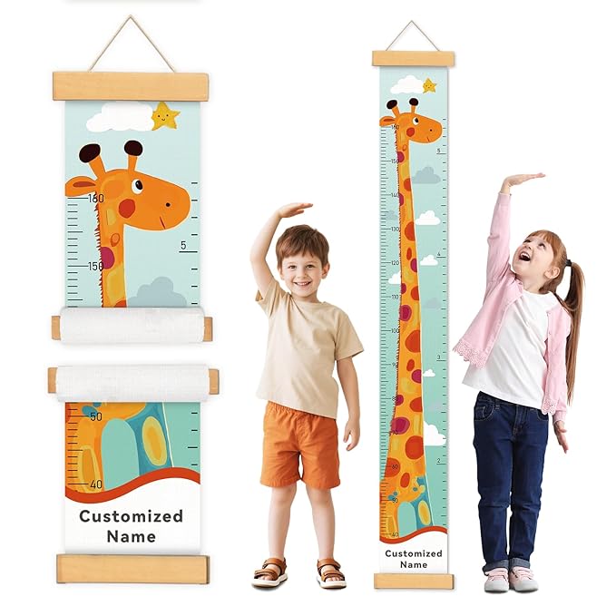 Personalized Name Growth Chart Wall Decor for Kids – Canvas Removable Height Chart Measuring Ruler 59" x 7.9" (Painted Giraffe)