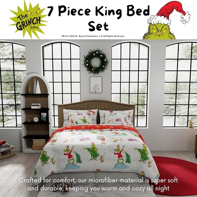 Grinch by Dr. Seuss Holiday & Christmas Bedding Super Soft Comforter and Sheet Set with Sham, 7 Piece King Size (Official Dr. Seuss Product) by Franco