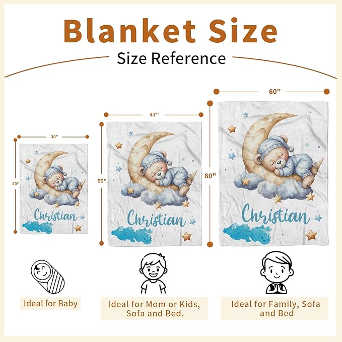 Personalized Baby Blanket with Name, Customized Blanket for Newborn Boys Girls, Sleepy Bear Theme Baby Name Blanket with Dotted Backing, Receiving Swaddle, Baby Shower Birthday Gifts(47" x60)