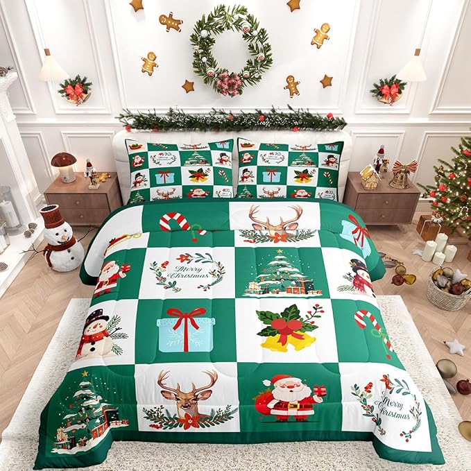 Erosebridal Merry Christmas Quilt Full Size for Kids Teens Santa Claus Xmas Tree Bedding Set Cartoon Deer Snowman Comforter Set with 2 Pillow Cases