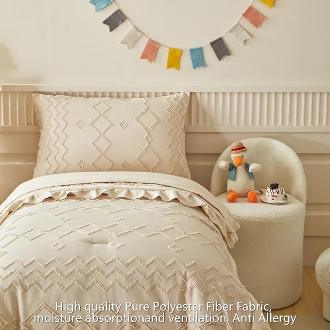 AIKASY Toddler Bedding Set 4 Pieces Super Soft Comforter Set, Shabby Boho Bohemian Design for Boys and Girls（Ruffle Fringe Comforter, Flat Sheet, Fitted Sheet and Pillowcase）- Khaki