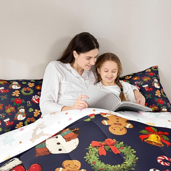 jejeloiu Merry Christmas Comforter Set Toddler Size Cute Snowman Bedding Set for Kids Boys Girls Gingerbread Man Duvet Quilt Dark Blue Bedroom Decor