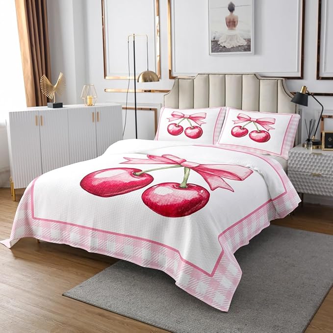Cherry Bowknot Kids Bedspread Twin Size,Geometric Plaids Grids Patchwork Fashion Coverlet Set,Girls Women Room Decor,Bow Tie Princess Dreamy Quilted Coverlet,Pink Cute Bedding Quilt,1 Pillowcase