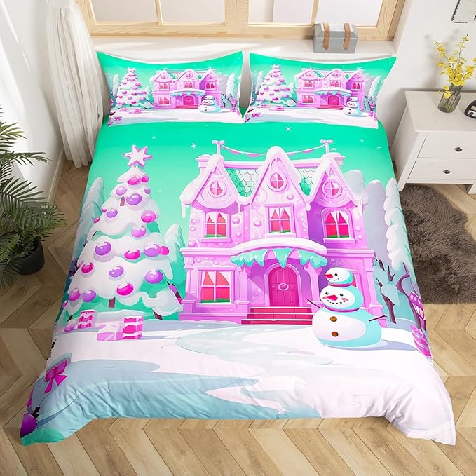 Feelyou Merry Christmas Comforter Cover Set Christmas Tree Snowman Duvet Cover Set for Kids Boys Girls Bedroom Bed Decor Xmas Christmas Purple Bedding Set King Size Soft Quilt Cover,No Comforter