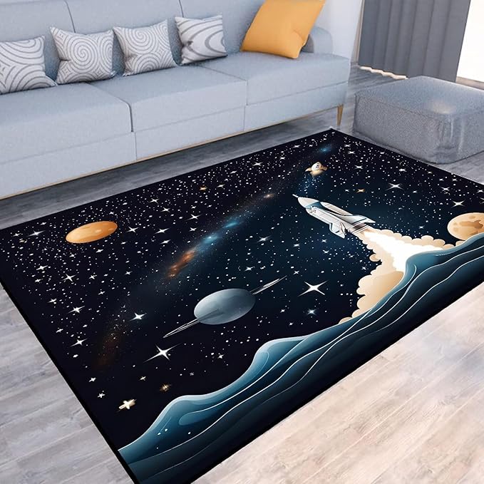 5' x 7' Space Rocket Rug for Kids Bedroom Black Stars Rugs Galaxy Carpet Planet Printed Throw Rugs for Boys Teens Living Room,150x210cm