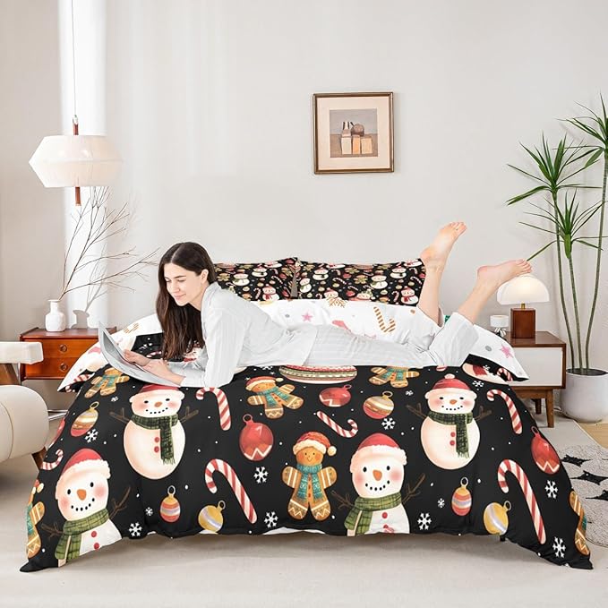 Feelyou Merry Christmas Duvet Cover Queen Size Gingerbread Man Snowman Comforter Cover for Boys Girls Candy Cane Bell Xmas Decor Bedding Set 3Pcs Reversible Xmas Decor Room Decor