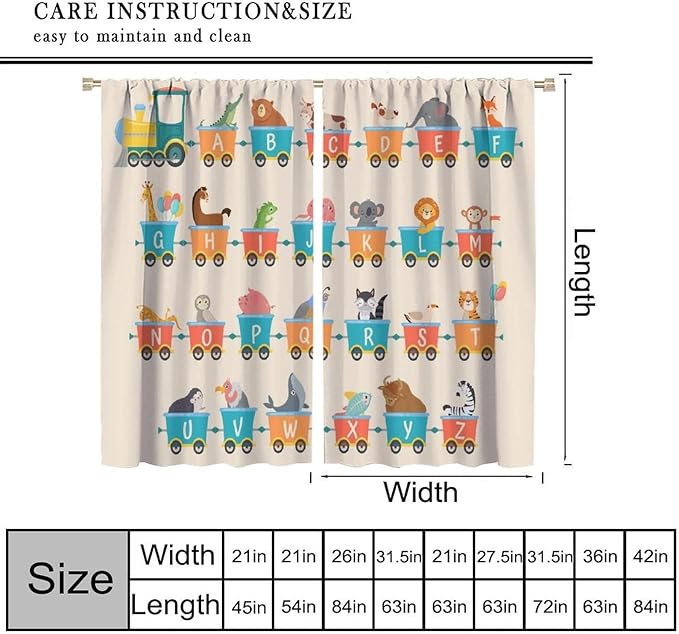 Kids Alphabet Curtains Funny Trains Letter Education School Cute Cartoon Animal Printed Curtain with Rod Pocket for Bedroom Living Room Drapes Window Treatments 2 Panels Set 72" W X 63" L
