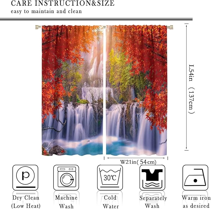 Forest Waterfall Blackout Windows Curtains, Autumn Red Green Maple Leaves Jungle Rainforest Natural Scenery Landscape Curtains, for Living Room Bedroom 42x54in 2 Panels