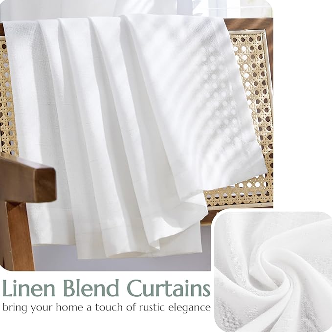 jinchan White Lined Linen Blend Curtain for Living Room 90 Inch Length 2 Panels Curtains for Sliding Glass Doors, 50 Inch Wide Farmhouse Drapes with Rod Pocket Back Tab(50W x 90L, White)