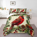 jejeloiu Kids Red Cardinal Comforter Set Queen Size Christmas Tree Green Plants Bedding Set for Boys Girls Teens Xmas Birds Animal Winter Happy New Year Duvet Quilt Room Decor