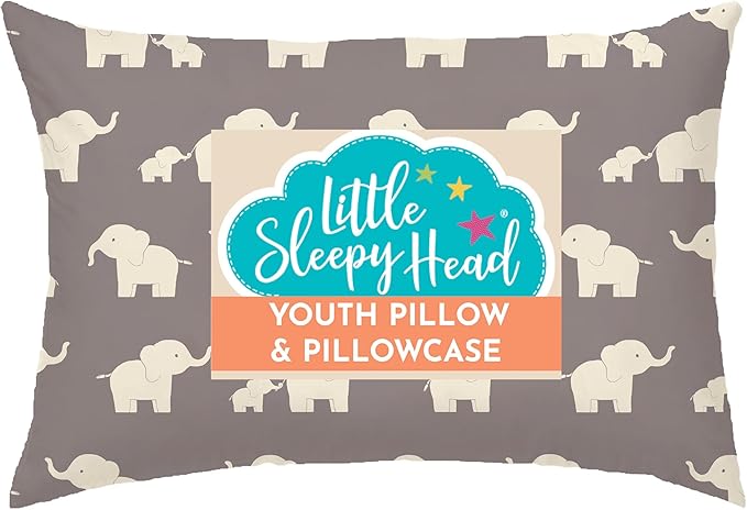 Little Sleepy Head Youth Pillow with Pillowcase 16x22, Soft Jumbo Toddler Pillow & Hypoallergenic Pillowcase - Best Kids Pillows for Sleeping, Perfect Kids Travel Pillow (Elephants Gray)