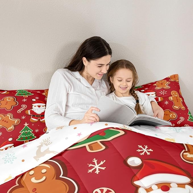Feelyou Christmas Kids Comforter Set King Size Santa Bedding Set Gingerbread Man Duvet Quilt for Kids Boys Girls Bedroom Xmas Tree Snowflake Decor Microfiber Ultra Soft Breathable