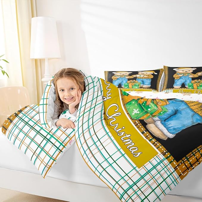 Feelyou Merry Christmas Comforter Set All Season Cute Bear Bedding Set with 2 Pillow Cases Microfiber Kids Queen Bedclothes Winter Bedroom Decor Duvet Quilt Breathable Soft