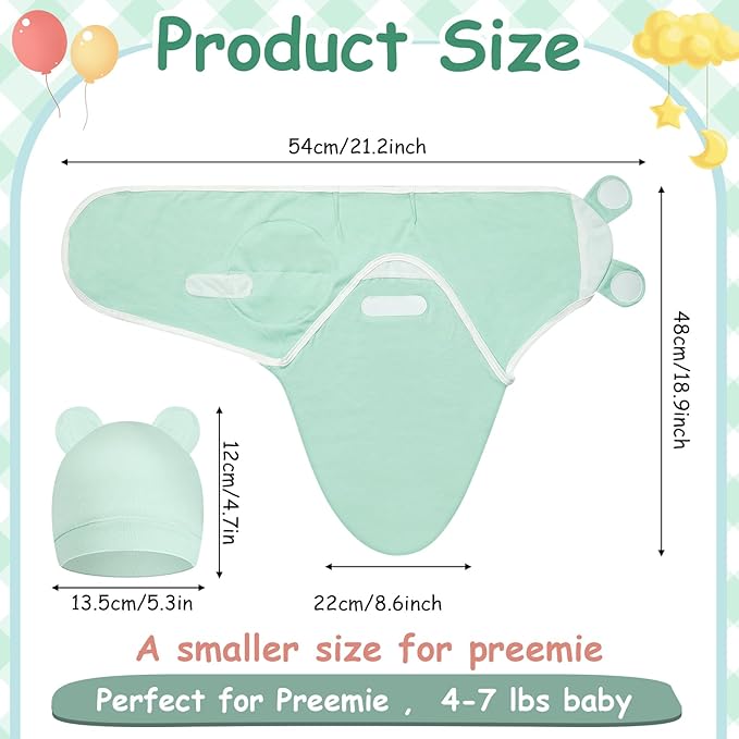 Ramede 6 Pack Preemie Swaddle Blanket with Hats Sleep Swaddle for Baby Boy Girl Preemie Newborn Sacks Soft Cotton Wearable(Alpaca,Green)