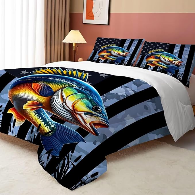Bass Fish Comforter Set Full/Queen Size American Flag Bedding Set for Men Boys Teens Grey Fishing Lover Bedroom Camouflage Farmhouse Bed Set Wild Quilted, 1 Comforter 2 Pillowcases