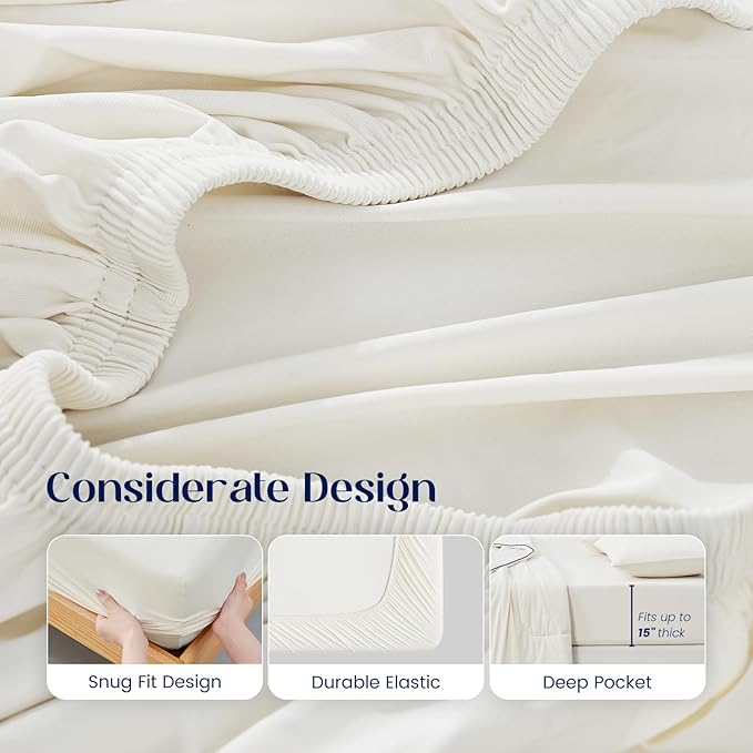 Dream Valley® Queen Sheet Set, Cooling Fitted Sheet with 2 Pillowcase-3 PCS with No Flat Sheet,Q-Max > 0.4 Aerocool, Cooling for Night Sweats, Hot Sleepers,deep Pocket up to 15",Ivory