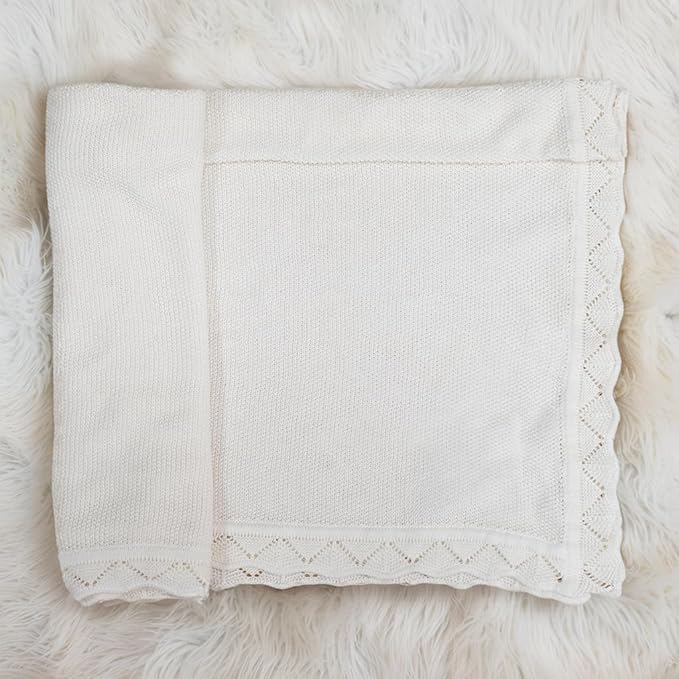 Baby Knit Blanket Soft Breathable Cotton Scallop Border Blankets Newborn Knitted Blanket Swaddle Blankets Gifts for Baby Newborn Toddler Shower Boy Girl New Mom Birthday Christmas White 28x36