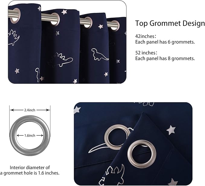 LORDTEX Dinosaur and Star Foil Print Blackout Curtains for Kids Room - Thermal Insulated Curtains Noise Reducing Window Drapes for Boys and Girls Bedroom, 52 x 108 Inch, Navy, Set of 2 Panels