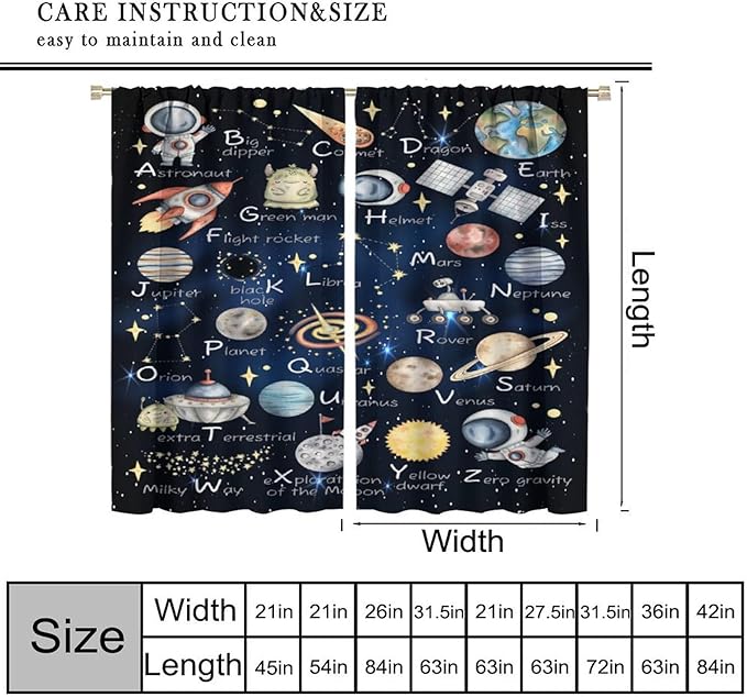 Cartoon Kids Alphabet Astronaut Curtain，Retro Cute Cosmic Galaxy Letter Printed Rod Pocket Blackout Window Treatments for Boys Girls Bedroom Living Room School 42" W X 54" L