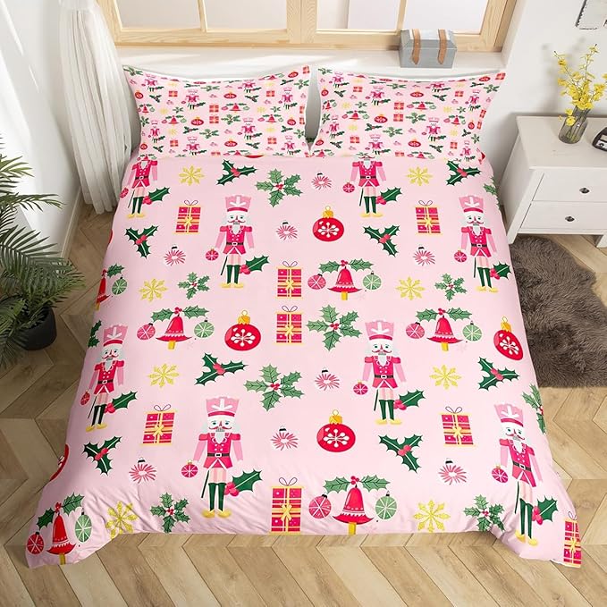 Feelyou Christmas Pink Nutcracker Comforter Cover Toddler Size Cute Royal Guarder Duvet Cover Xmas Snowflake Bedding Set Gifts for Kids Boys Girls Decor 1 Pillow Case Pink