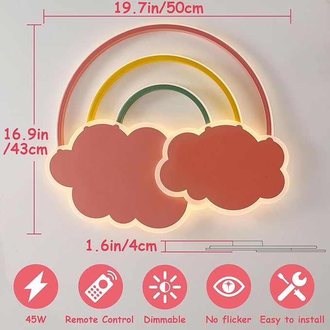 Dimmable LED Flush Mount Ceiling Light Fixture with Remote Control, 19.7Inch 36W Pink Cloud Rainbow Modern Ceiling Lamp for Girl Room Baby Kids Room Bedroom Nursery Dining Room Kitchen