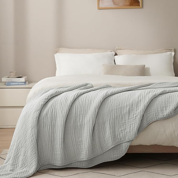 PHF Cooling Muslin Blanket Twin Size 60"x80", 6-Layer Lightweight Gauze Blanket Made from 35% Rayon Derived from Bamboo & 65% Cotton, Breathable & Ultra Soft Cozy, Aesthetic Home Decor, Harbor Mist