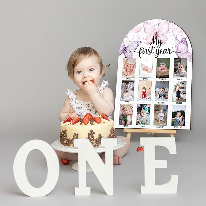 My First Year Photo Board, Butterfly Baby Milestone Signs, 12 Months Wooden Picture Frame, Nursery Gender Neutral Gifts for Girl Boy, Best Gifts for 1st Birthday Baby Shower Decorations-A01