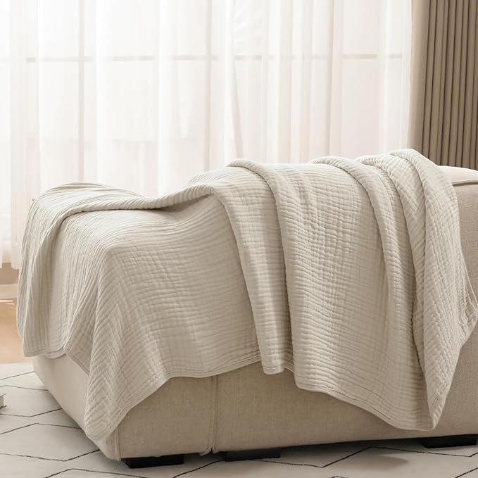 PHF Cooling Muslin Blanket Twin Size 60"x80", 6-Layer Lightweight Gauze Blanket Made from 35% Rayon Derived from Bamboo & 65% Cotton, Breathable & Ultra Soft Cozy, Aesthetic Home Decor, French Oak