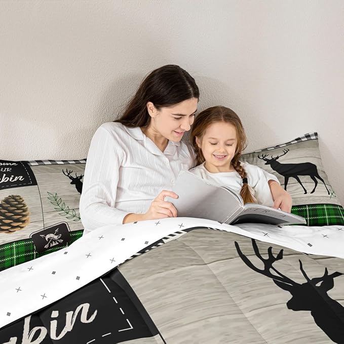 Deer Silhouette Kids Comforter Set King Size,Old Plank Leaves Bedding,Girls Boys Adults Bedroom/Xmas Cabin Decor,Geometric Grid Plaid Retro Down Comforter,Rustic Farmhouse Duvet Insert,2 Pillowcases