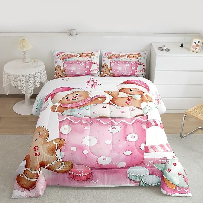 Feelyou Christmas Bedding Set Soft for Boys Girls, Pink Gingerbread Comforter Set Toddler Size Christmas Decor Duvet Quilt Microfiber Xmas Bedroom Decor 2 Pcs with 1 Pillow Cases