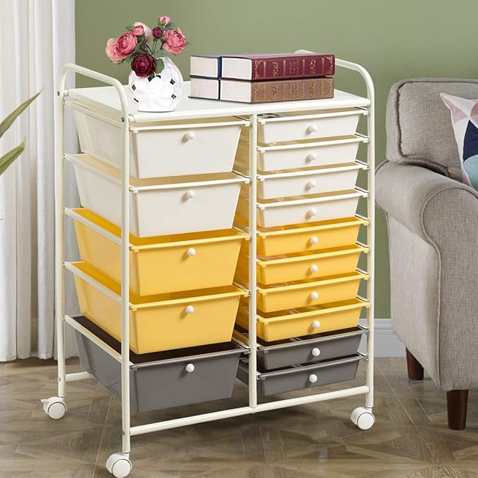 RELAX4LIFE 15 Drawer Rolling Storage Cart, Mobile Drawer Carts for Craft Art Supply Paper Salon, Utility Cart on Wheels for Classroom Teacher School Office, Rolling Cart with Drawers (Yellow)