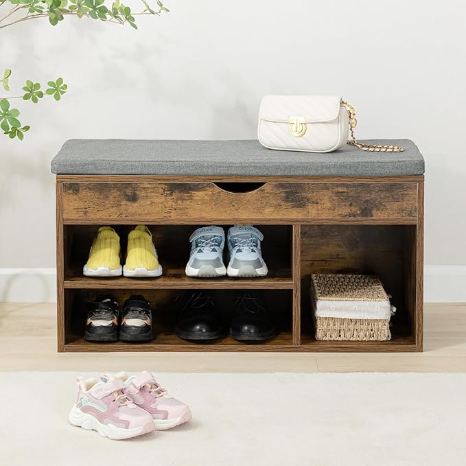 WellFurGeer Shoe Bench with Storage, Entryway Bench with Shoe Storage, Shoe Rack with Bench, Shoe Storage Bench with Padded Cushion, Brown + Gray