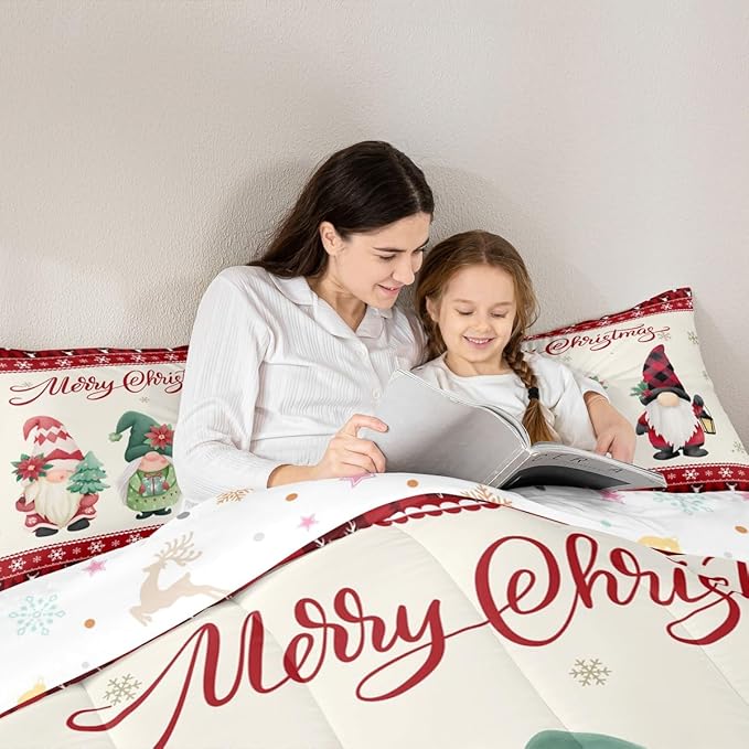 Merry Christmas Kids Comforter Set Full Size,Deer Antler Santa Claus Bedding,Girls Boys Adults Bedroom/Xmas Cabin Decor,Snowflake Pine Trees Plaid Down Comforter,Rustic Duvet Insert,2 Pillowcases