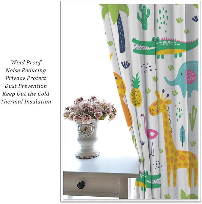 Kids Animals Blackout Curtains Cartoon Cute Abstract Fun Tropical Animals Art Printed for Children Girls Boys Bedroom Nursery Rod Pocket Decoration Window Drapes 2 Panels W42xL84in