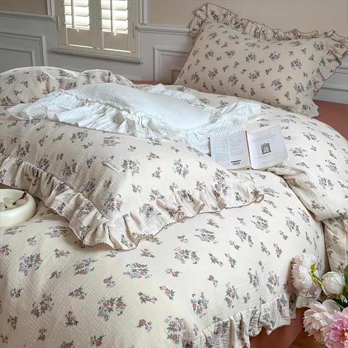 BuLuTu Chic Shabby Vintage Floral Duvet Cover Twin for Kids Girls Boys 100% Cotton Muslin Ruffled Quilt Cover Twin Comforter, 68"x86", Soft Breathable, Zipper Closure, No Pillowcase