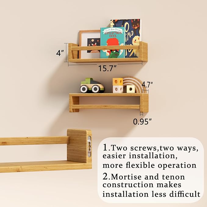 Floating Nursery Book Shelves for Wall, 15.7 Inch Nature Solid Wood Wall Mounted Bookshelf Set of 3, Hanging Bookshelves for Kids Room, Bedroom Nursery Decor and Book Storage (Wood)