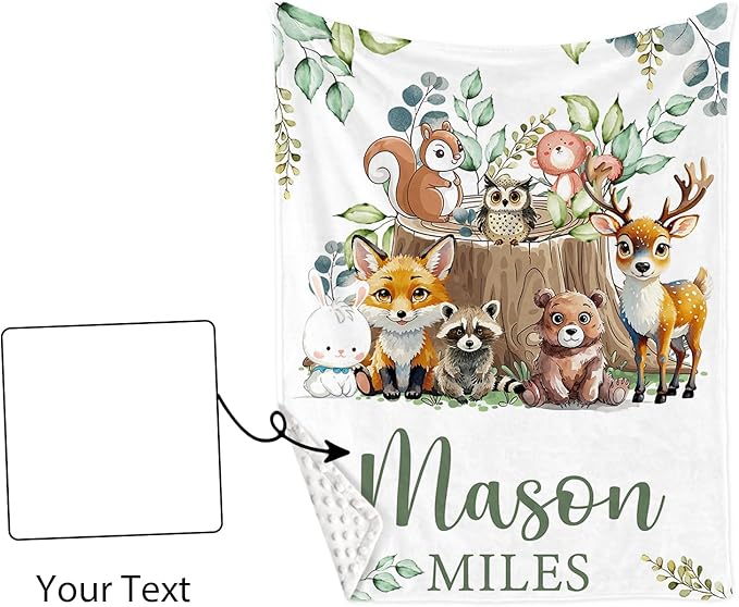 Custom Name Crib Bedding Set 3-Piece – Animal Stump Design Baby Bedding Set with Personalized Soft Blanket, Fitted Sheet, Changing Pad Cover – Ideal Newborn Gift for Boys and Girls